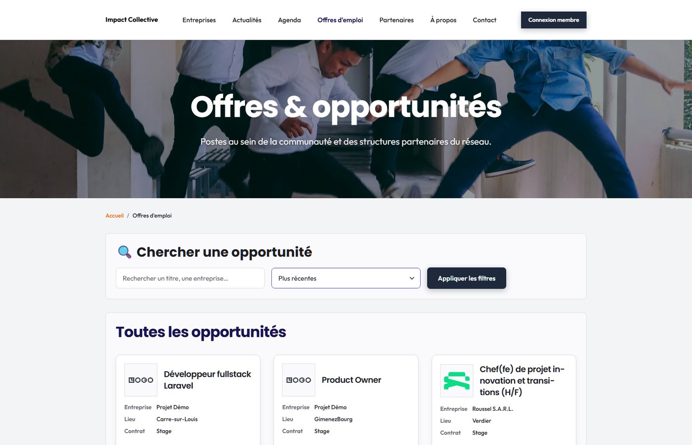 Interface des offres d'emploi Tissely en situation